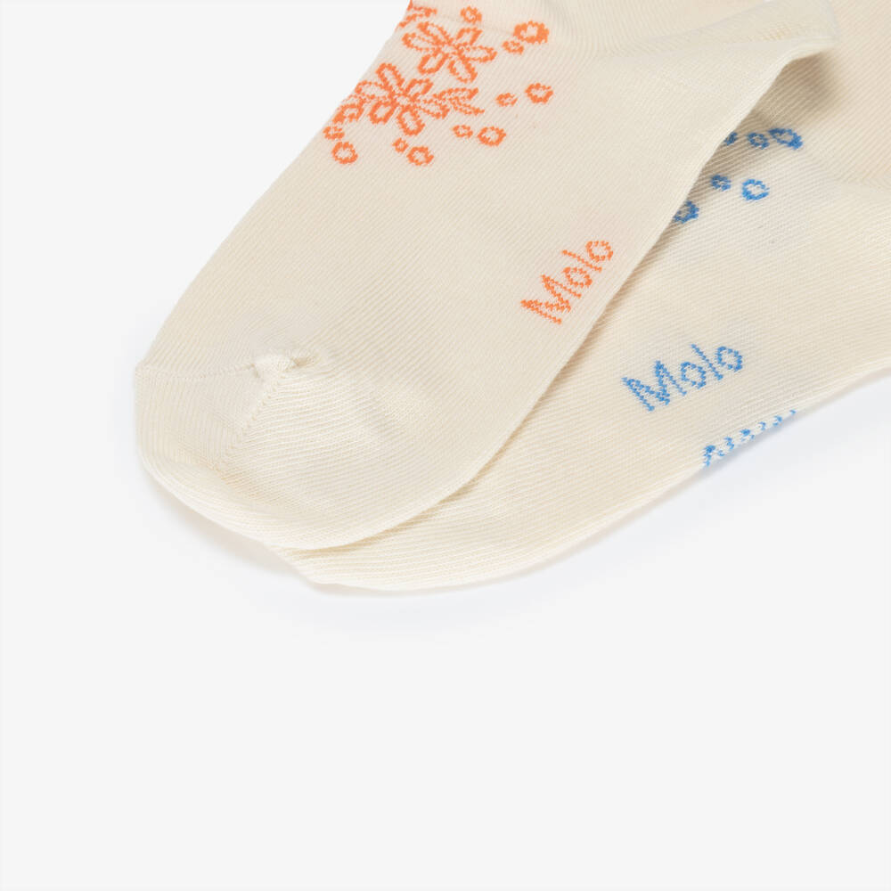 Molo-Girls Ivory Cotton Socks with Red & Blue Floral Trims (2 Pack) | Childrensalon