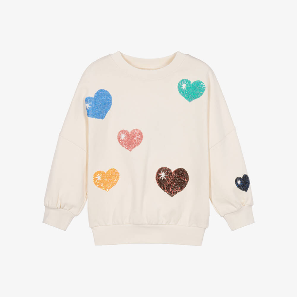 Molo-Girls Ivory Cotton Sweatshirt with Sequin Hearts | Childrensalon