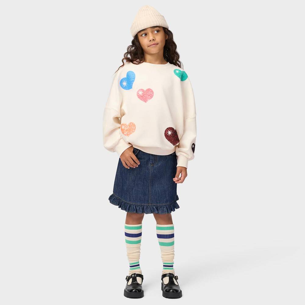 Molo-Girls Ivory Cotton Sweatshirt with Sequin Hearts | Childrensalon