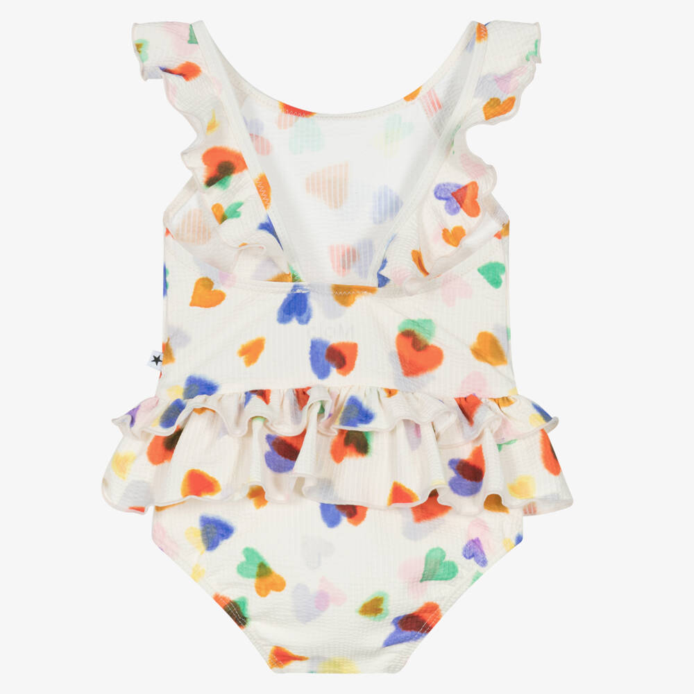 Molo-Girls Ivory Heart Print Ruffle Swimsuit (UPF50+) | Childrensalon