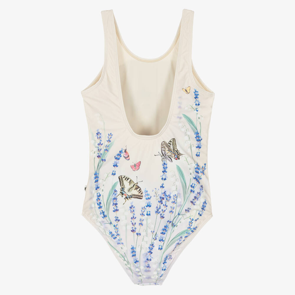 Molo-Girls Ivory Kitten & Butterfly Field Swimsuit (UPF50+) | Childrensalon
