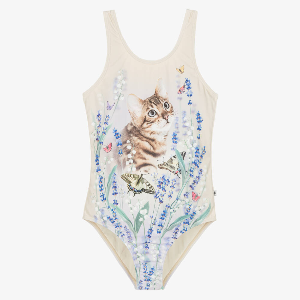 Molo-Girls Ivory Kitten & Butterfly Field Swimsuit (UPF50+) | Childrensalon