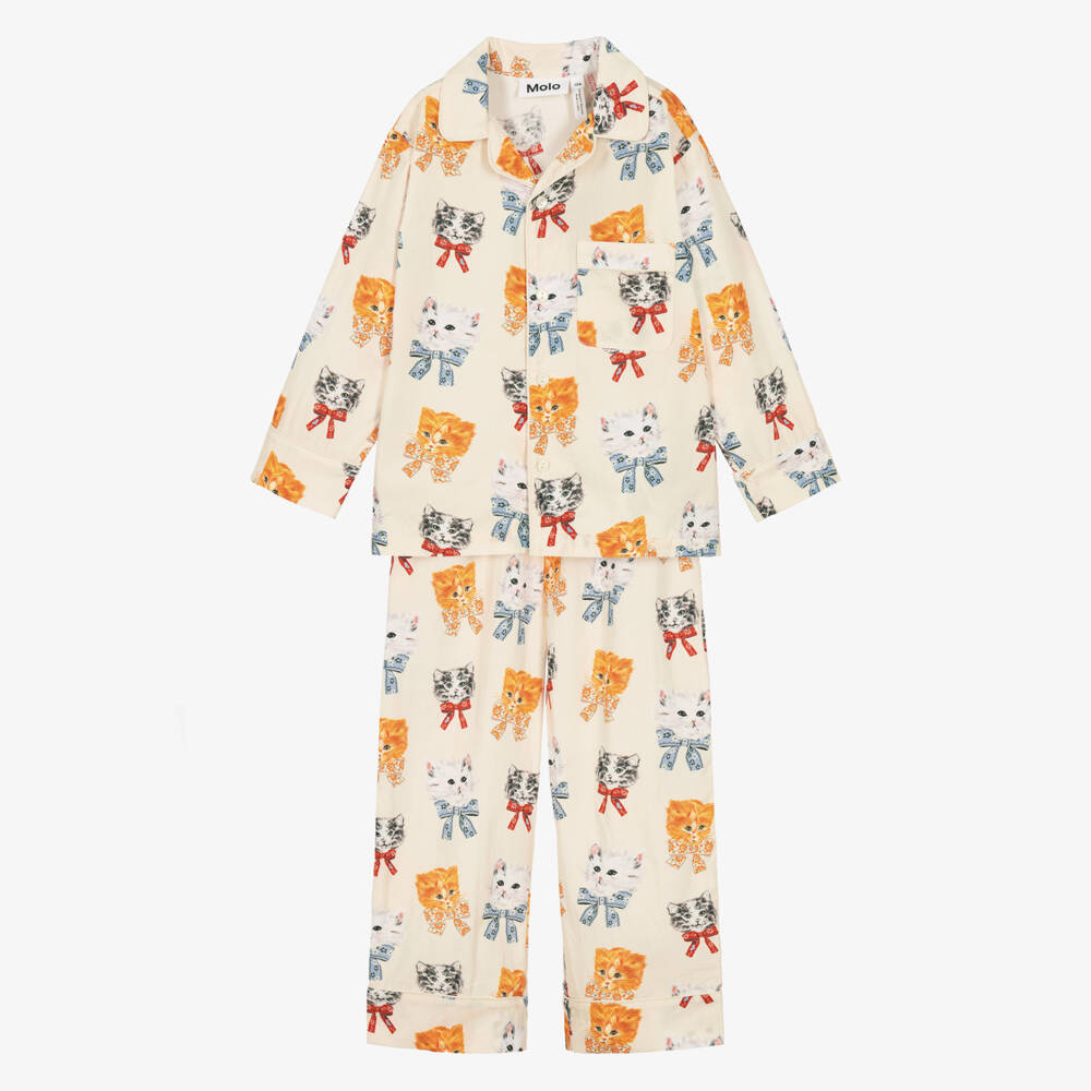 Molo-Girls Ivory Kitten Print Pyjamas in Organic Cotton | Childrensalon