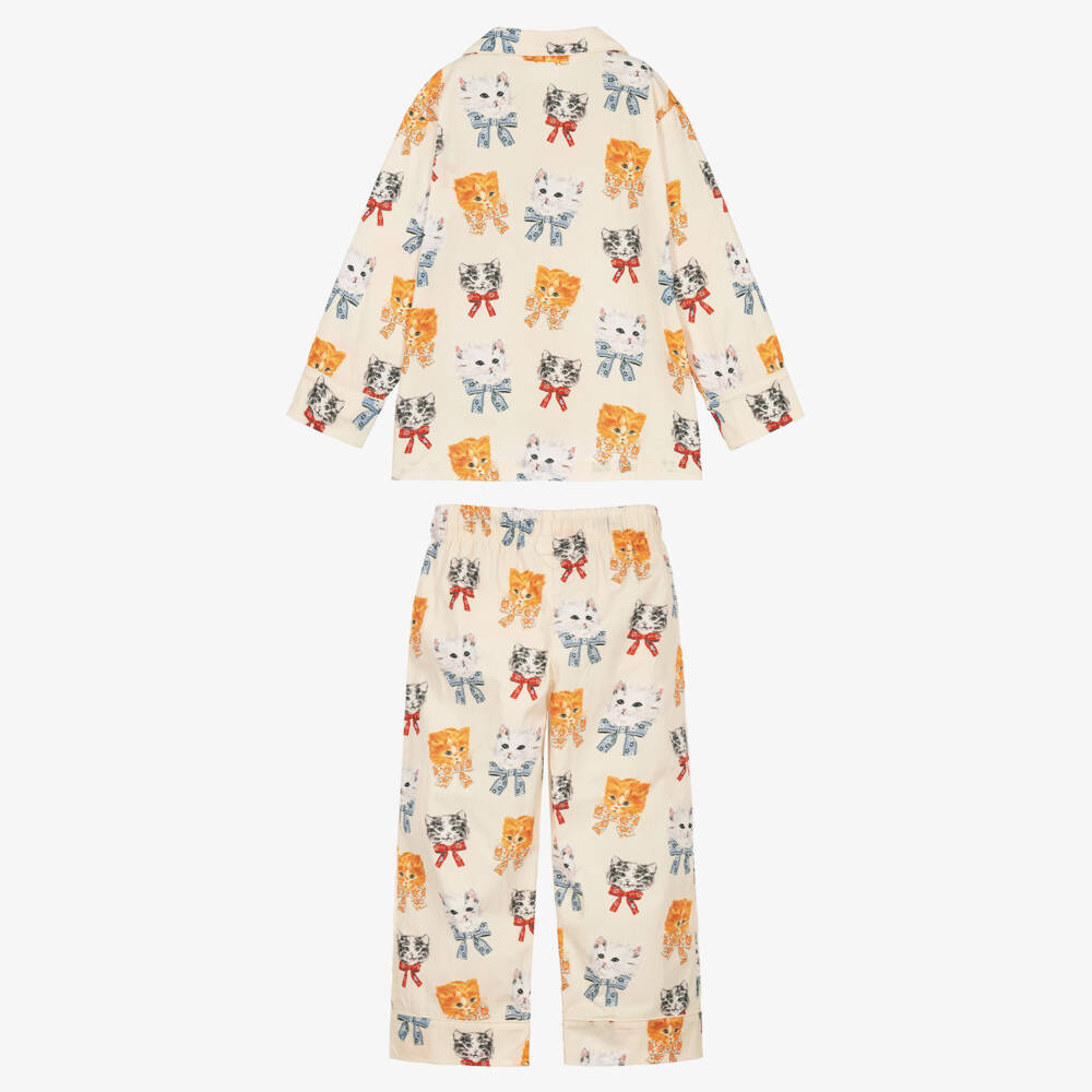 Molo-Girls Ivory Kitten Print Pyjamas in Organic Cotton | Childrensalon