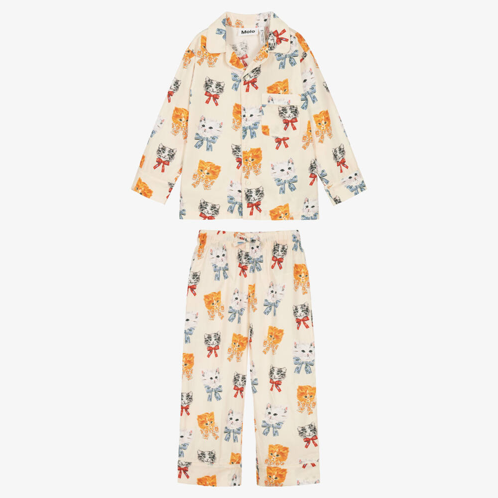 Molo-Girls Ivory Kitten Print Pyjamas in Organic Cotton | Childrensalon