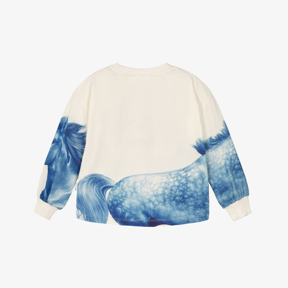 Molo-Girls Ivory Long-Sleeved Top with Blue Horse Prints | Childrensalon