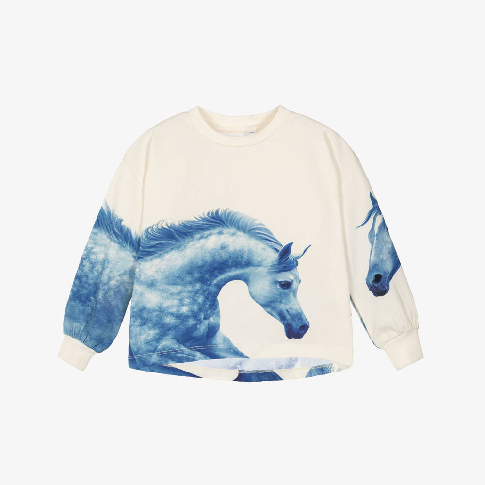 Molo-Girls Ivory Long-Sleeved Top with Blue Horse Prints | Childrensalon