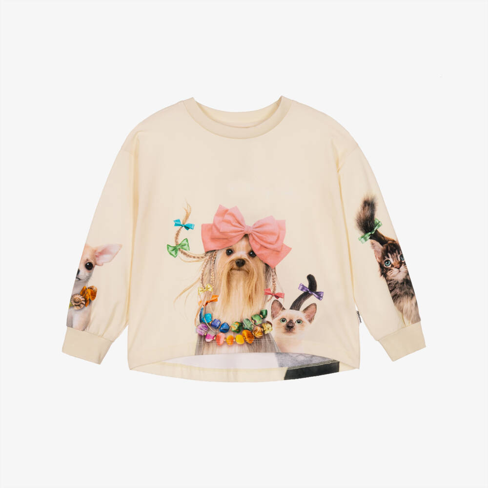 Molo-Girls Ivory Long-Sleeved Top with Cat & Dog Prints | Childrensalon