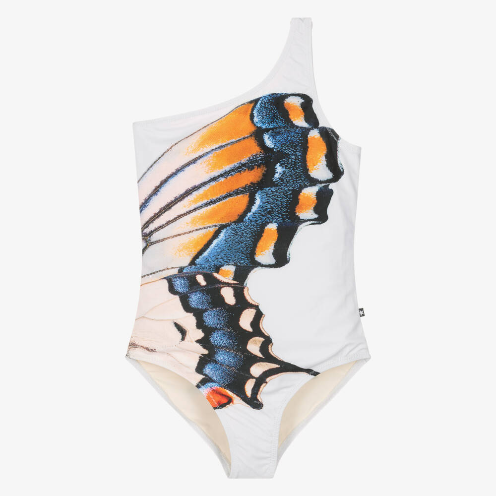 Molo-Girls Ivory One Shoulder Swimsuit with Butterfly Print (UPF50+) | Childrensalon