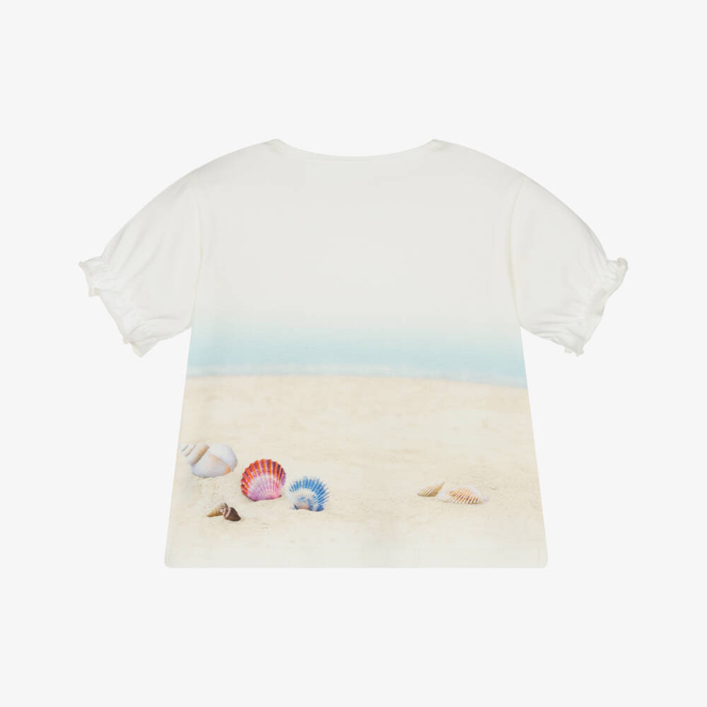 Molo-Girls Ivory Organic Cotton Beach Puppy T-Shirt | Childrensalon