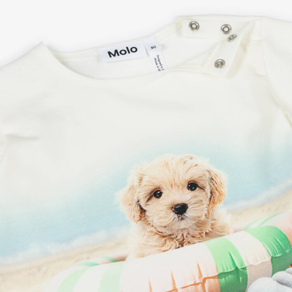 Molo-Girls Ivory Organic Cotton Beach Puppy T-Shirt | Childrensalon