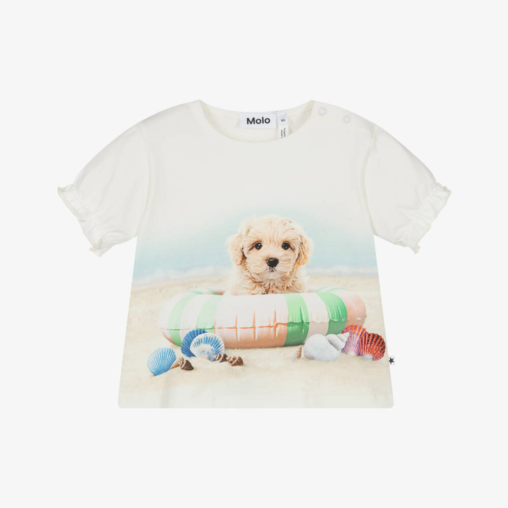 Molo-Girls Ivory Organic Cotton Beach Puppy T-Shirt | Childrensalon