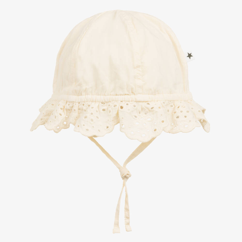 Molo-Girls Ivory Organic Cotton Broderie Anglaise Hat | Childrensalon