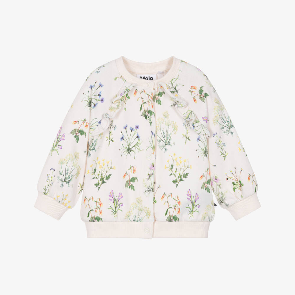 Molo-Girls Ivory Organic Cotton Cardigan with Graphic Floral Print | Childrensalon