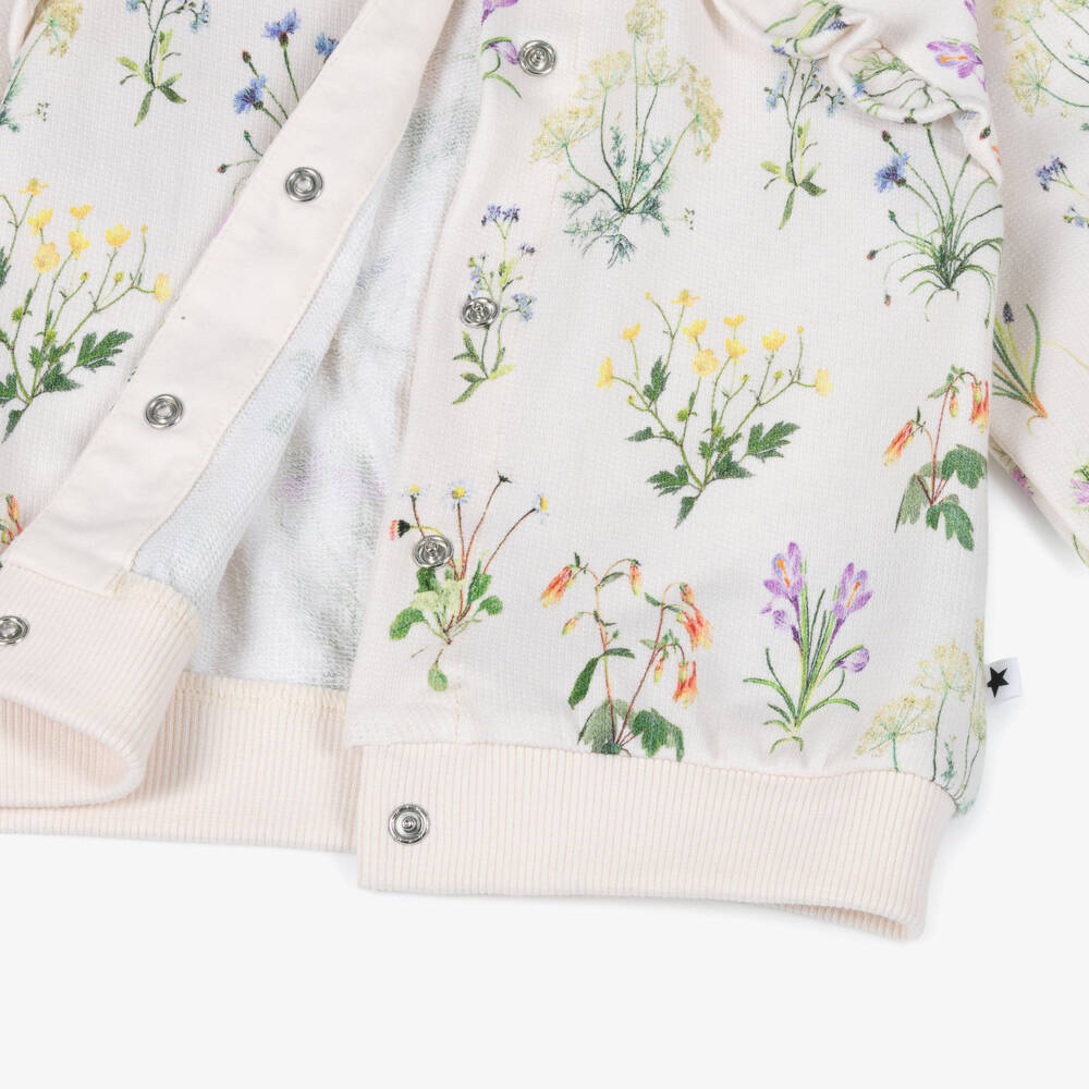 Molo-Girls Ivory Organic Cotton Cardigan with Graphic Floral Print | Childrensalon