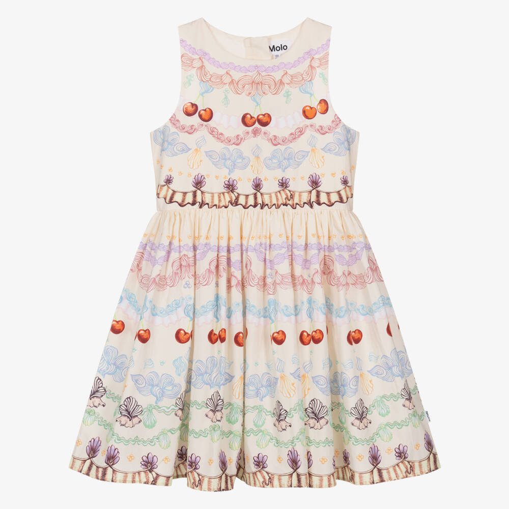 Molo-Girls Ivory Organic Cotton Dress with Cherries & Seashells | Childrensalon