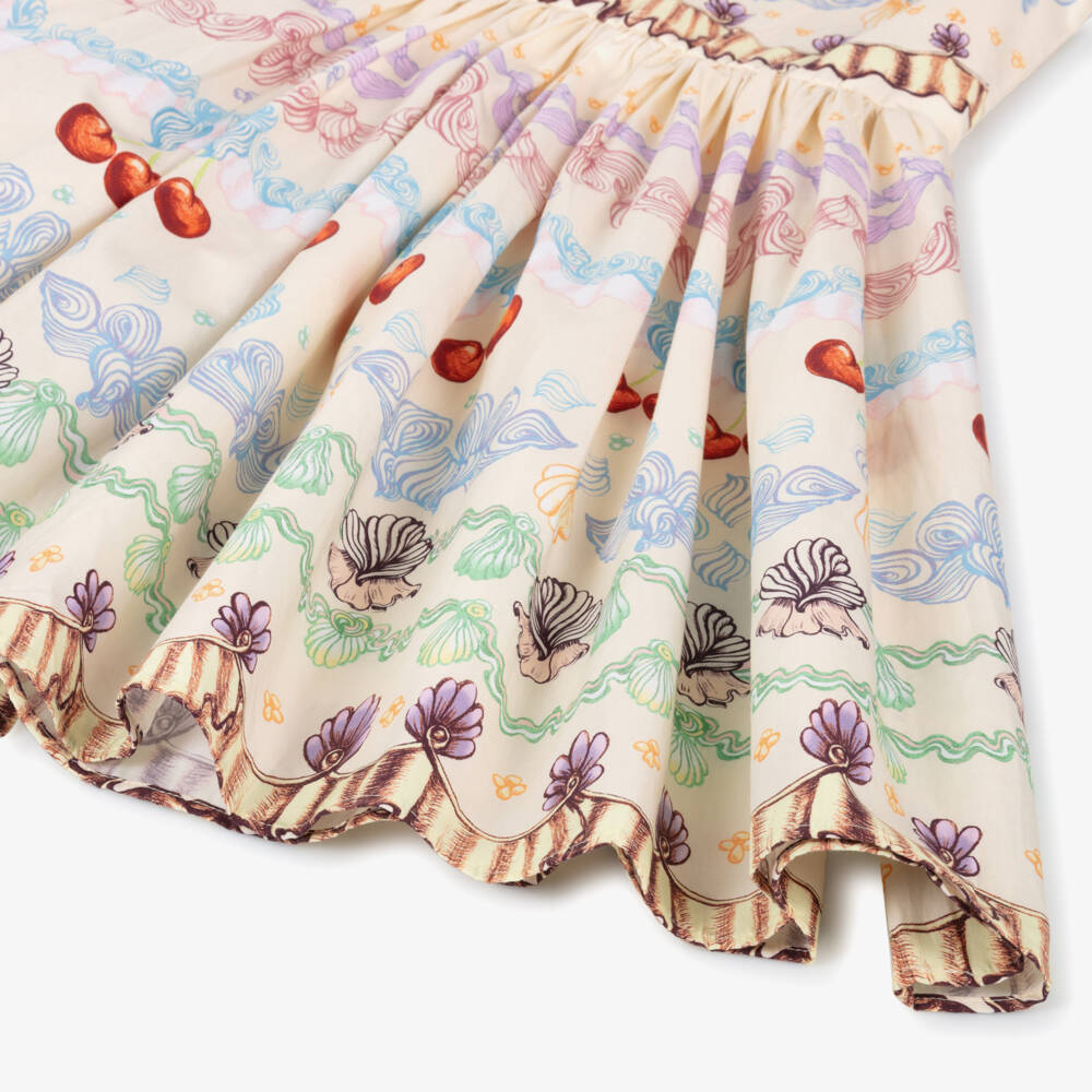 Molo-Girls Ivory Organic Cotton Dress with Cherries & Seashells | Childrensalon