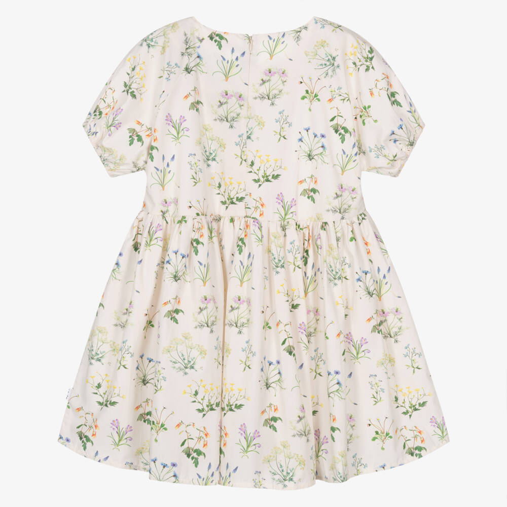 Molo-Girls Ivory Organic Cotton Dress with Floral Illustration | Childrensalon