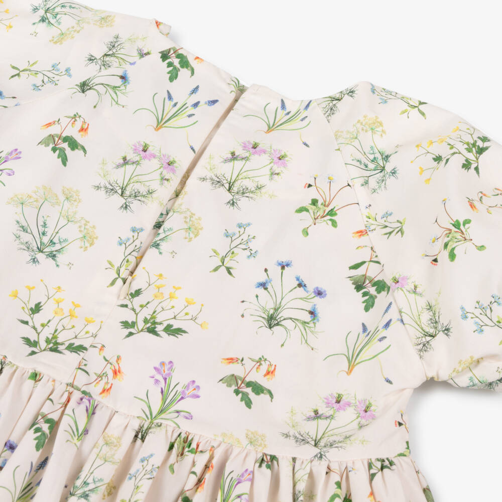 Molo-Girls Ivory Organic Cotton Dress with Floral Illustration | Childrensalon