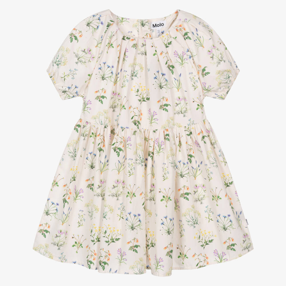Molo-Girls Ivory Organic Cotton Dress with Floral Illustration | Childrensalon