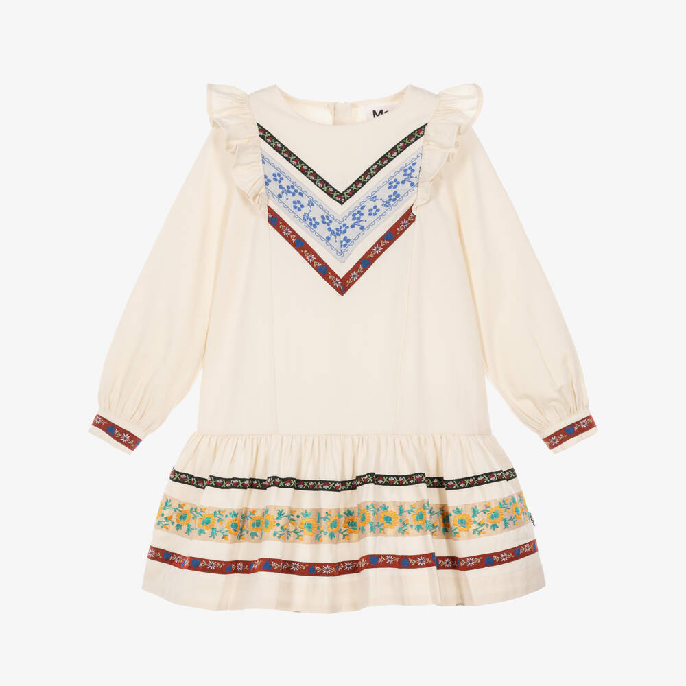 Molo-Girls Ivory Organic Cotton Dress with Floral Ribbon Trims | Childrensalon