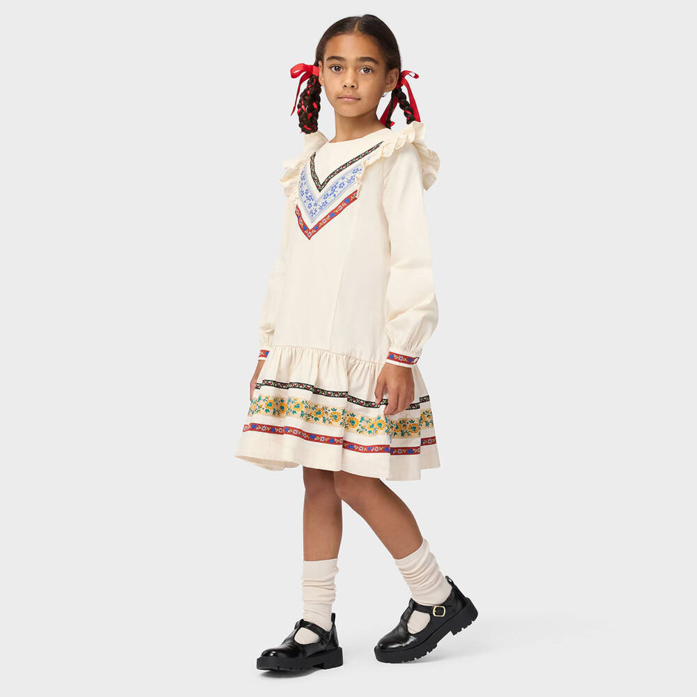 Molo-Girls Ivory Organic Cotton Dress with Floral Ribbon Trims | Childrensalon