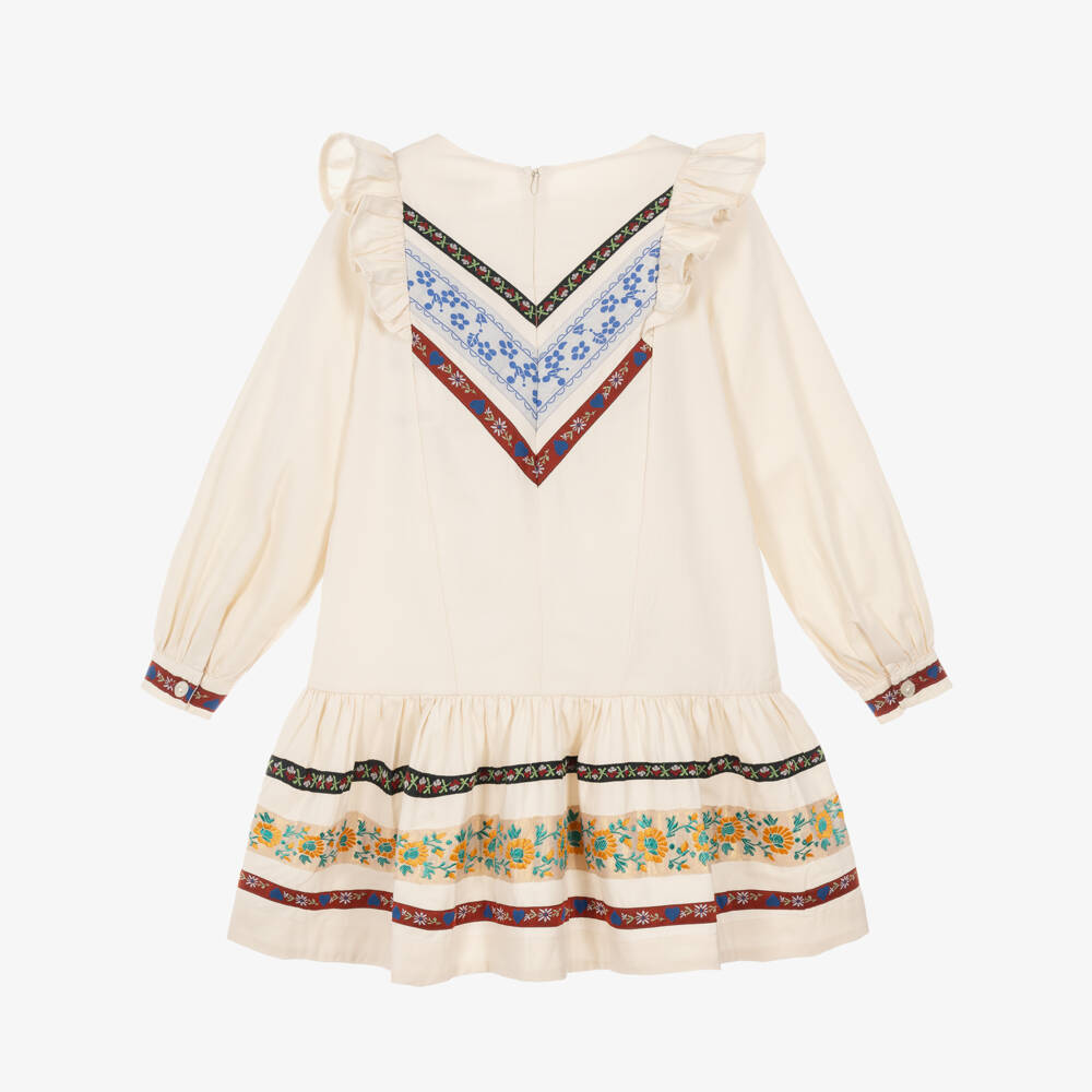 Molo-Girls Ivory Organic Cotton Dress with Floral Ribbon Trims | Childrensalon