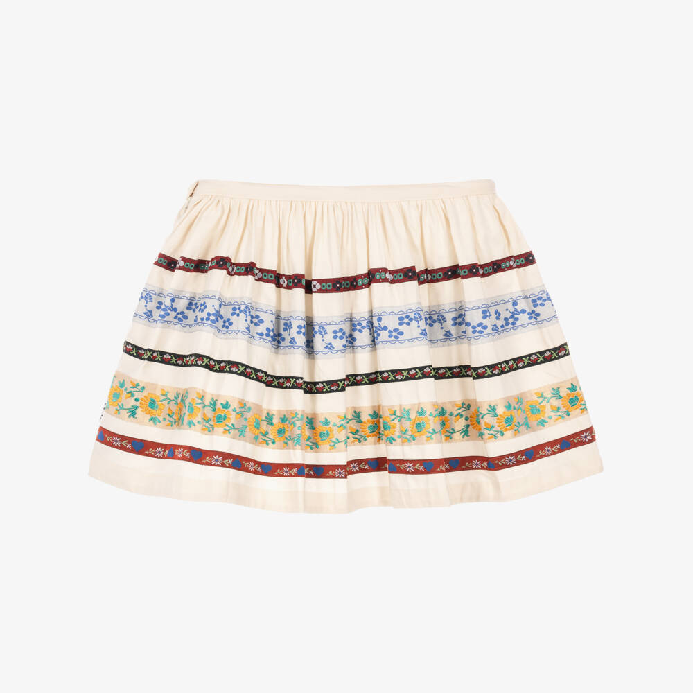 Molo-Girls Ivory Organic Cotton Skirt with Floral Ribbon Trims | Childrensalon