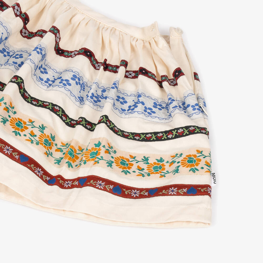 Molo-Girls Ivory Organic Cotton Skirt with Floral Ribbon Trims | Childrensalon