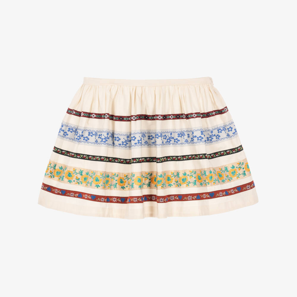 Molo-Girls Ivory Organic Cotton Skirt with Floral Ribbon Trims | Childrensalon