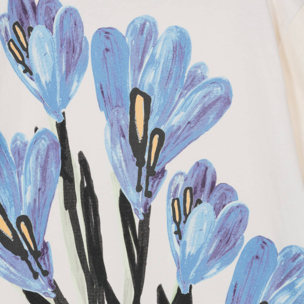 Molo-Girls Ivory Organic Cotton T-Shirt with Blue Flower Print | Childrensalon