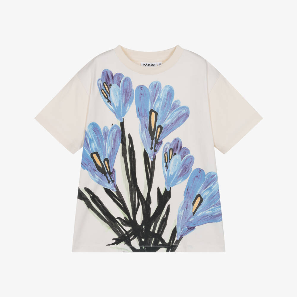 Molo-Girls Ivory Organic Cotton T-Shirt with Blue Flower Print | Childrensalon