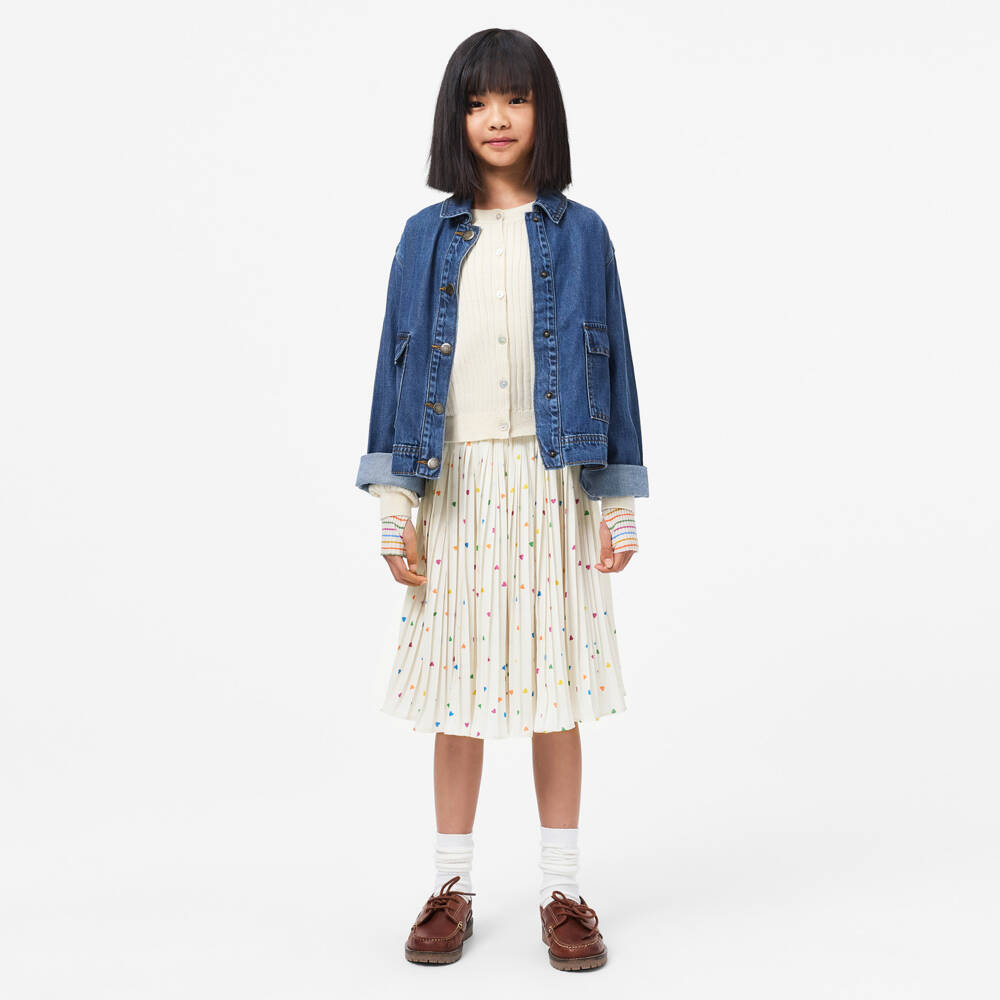 Molo-Girls Ivory Pleated Crêpe Skirt with Colourful Hearts | Childrensalon