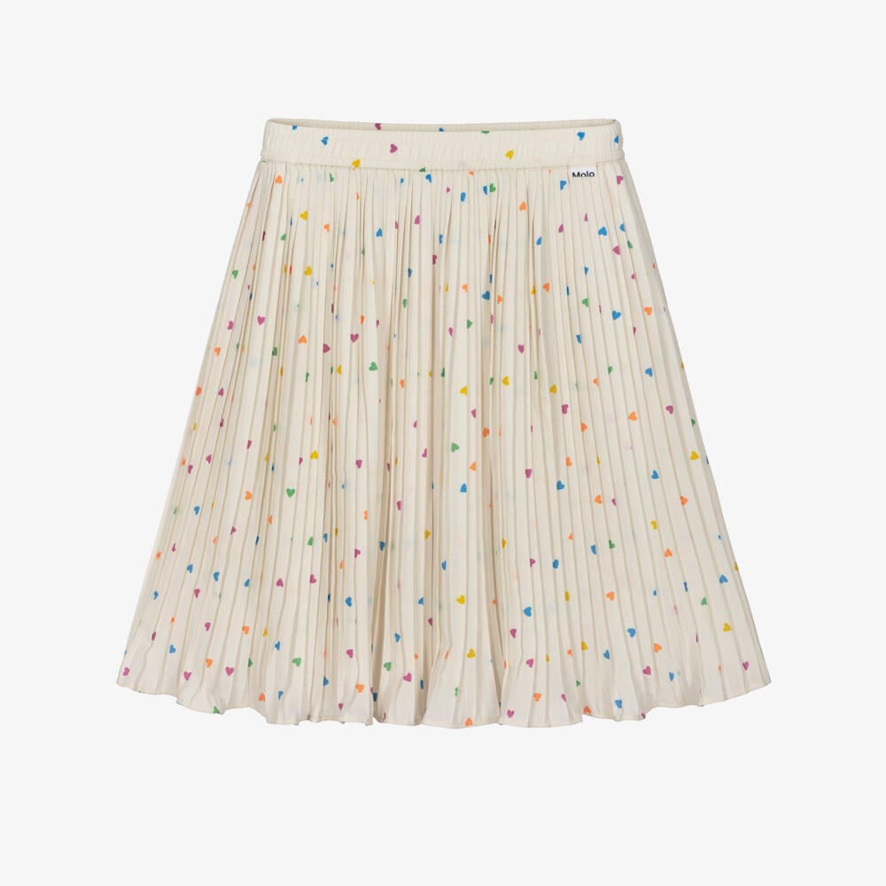 Molo-Girls Ivory Pleated Crêpe Skirt with Colourful Hearts | Childrensalon