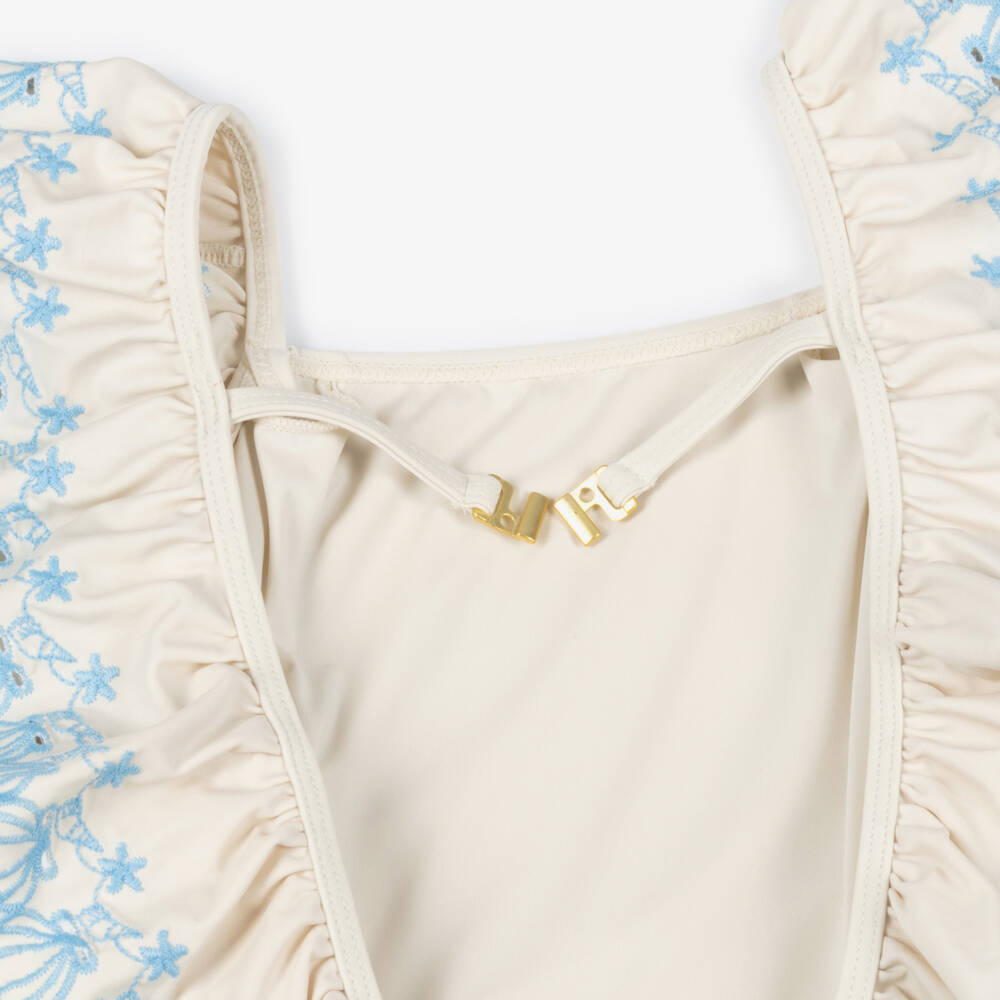 Molo-Girls Ivory Ruffle Swimsuit with Seashell Embroidery (UPF50+) | Childrensalon