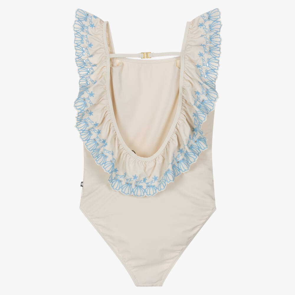 Molo-Girls Ivory Ruffle Swimsuit with Seashell Embroidery (UPF50+) | Childrensalon