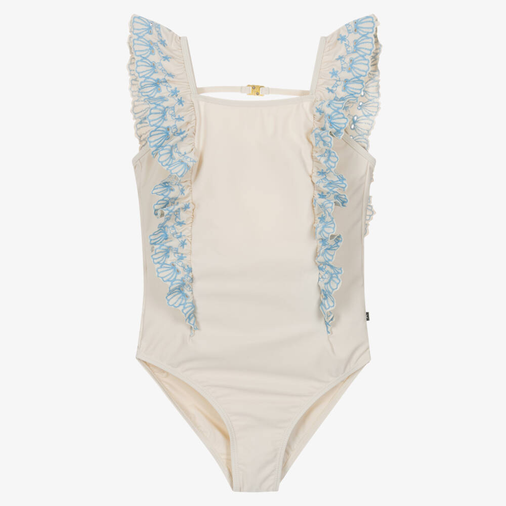 Molo-Girls Ivory Ruffle Swimsuit with Seashell Embroidery (UPF50+) | Childrensalon