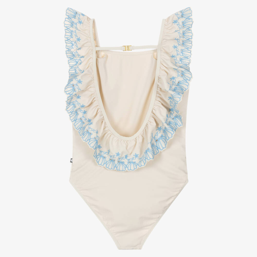 Molo-Girls Ivory Ruffle Swimsuit with Seashell Embroidery (UPF50+) | Childrensalon