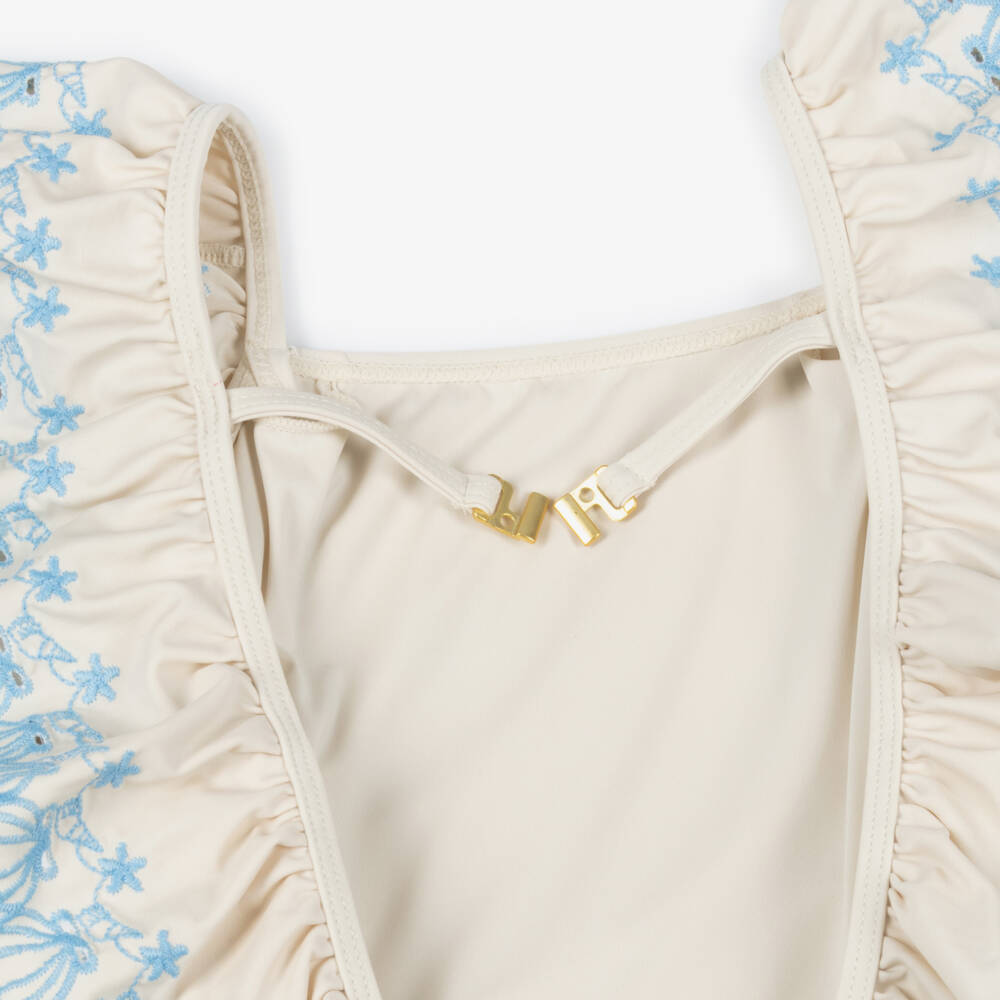 Molo-Girls Ivory Ruffle Swimsuit with Seashell Embroidery (UPF50+) | Childrensalon
