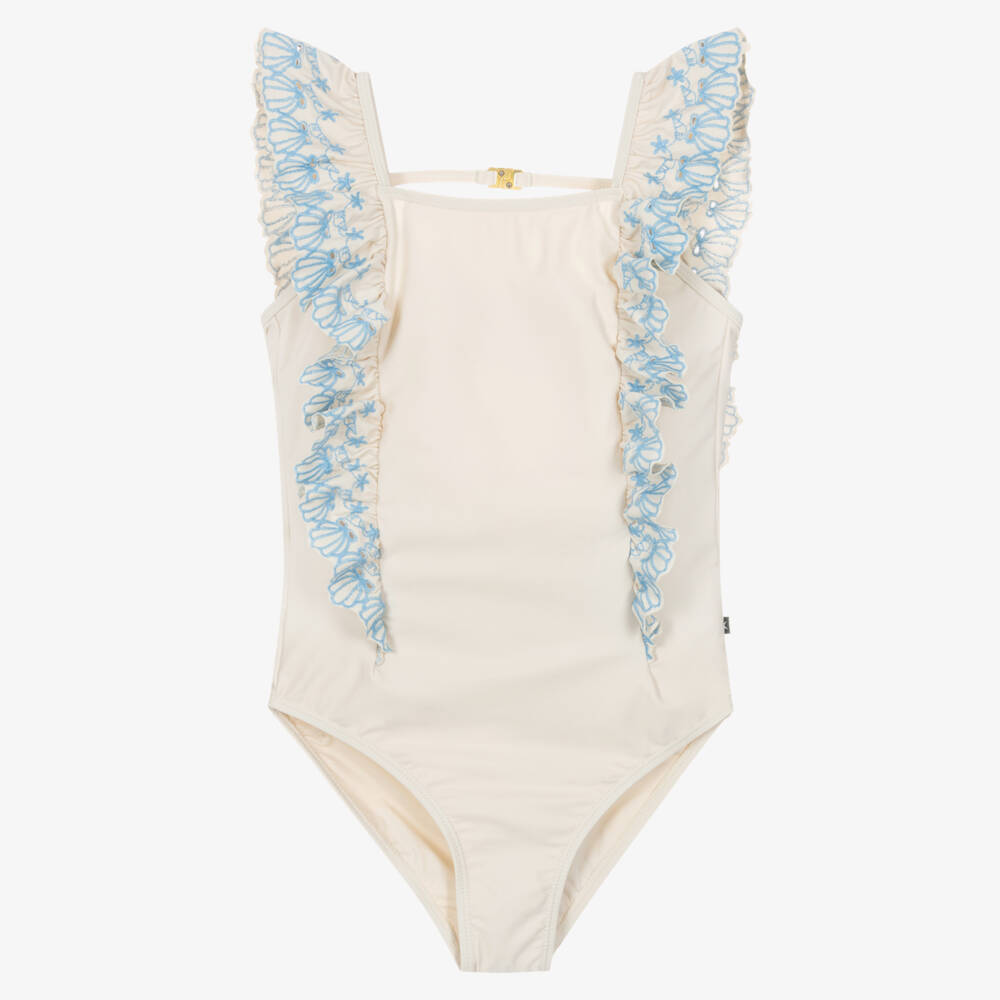 Molo-Girls Ivory Ruffle Swimsuit with Seashell Embroidery (UPF50+) | Childrensalon