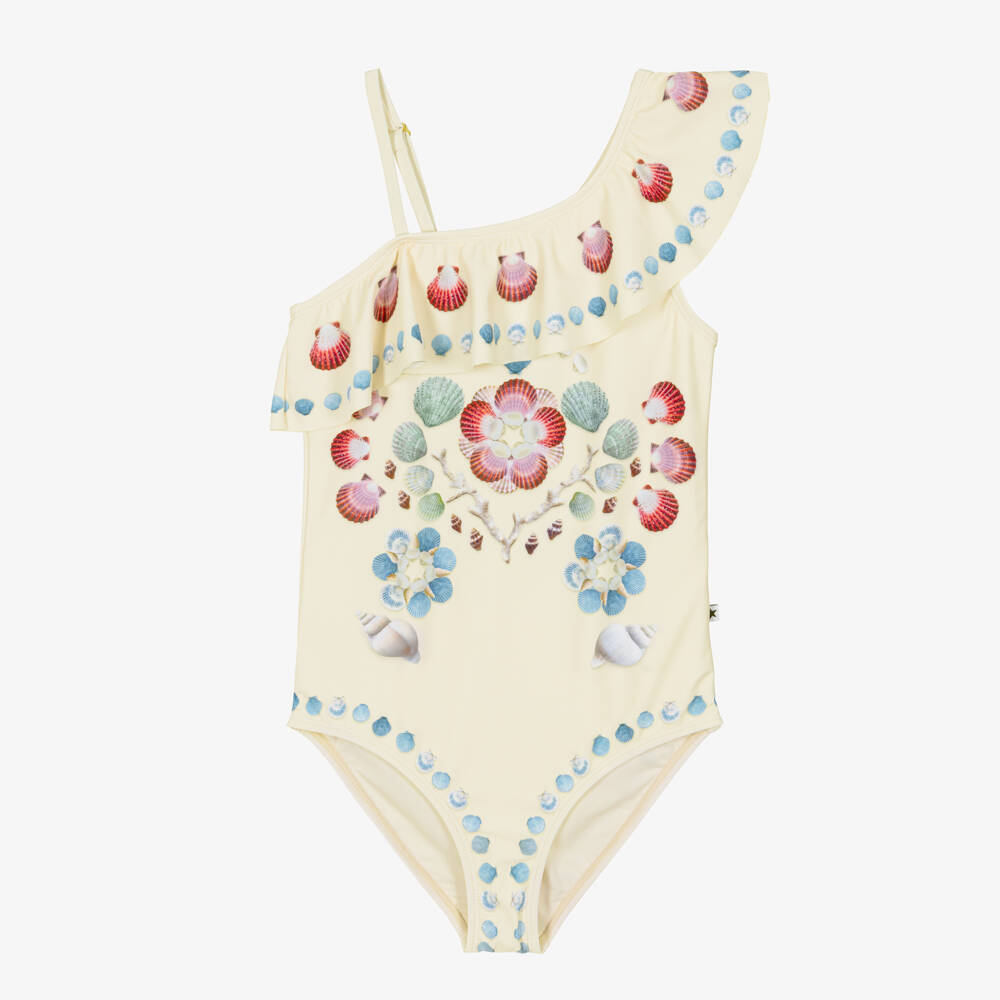 Molo-Girls Ivory Sea Shell Print Swimsuit (UPF50+) | Childrensalon