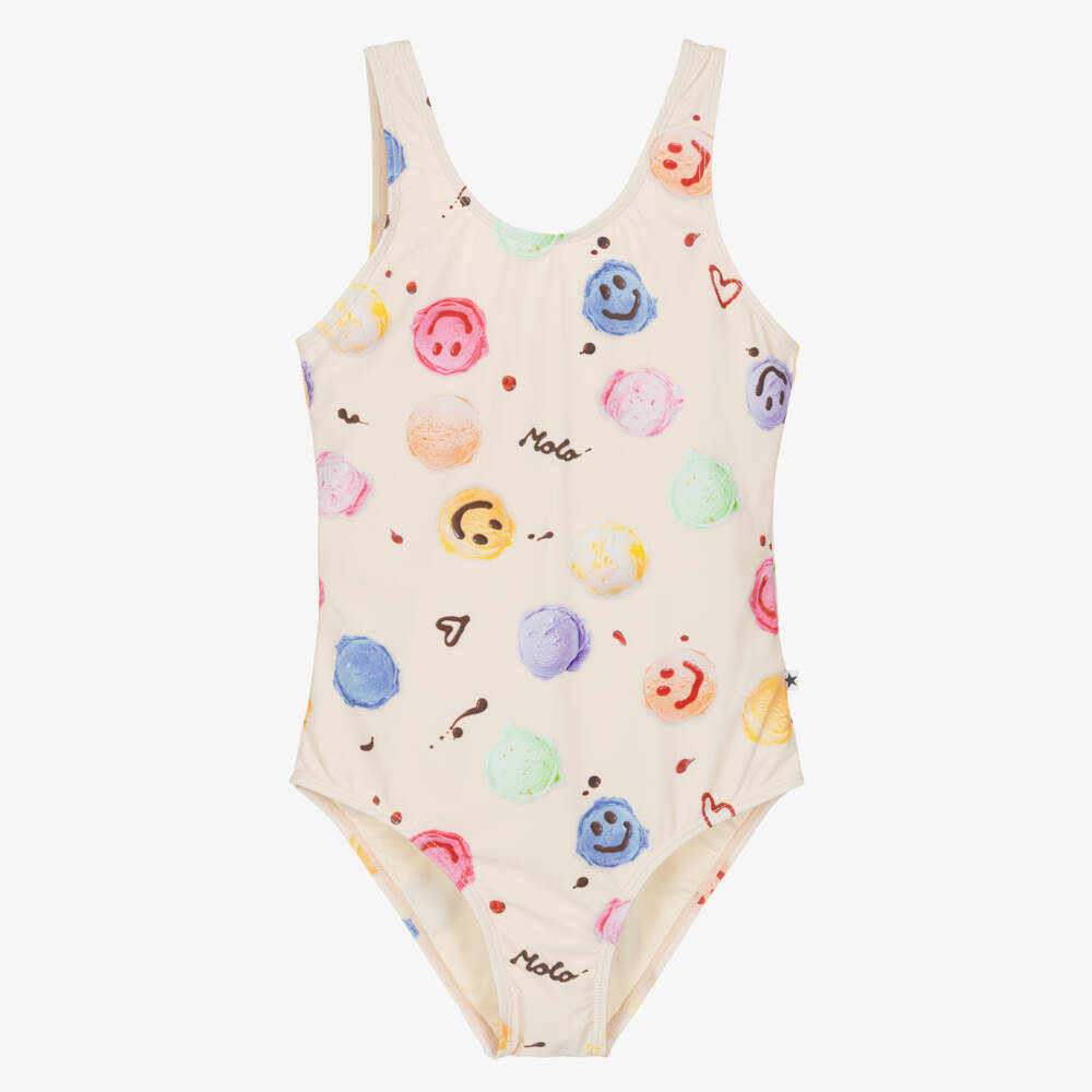 Molo-Girls Ivory Smiling Ice Cream Scoops Swimsuit (UPF50+) | Childrensalon