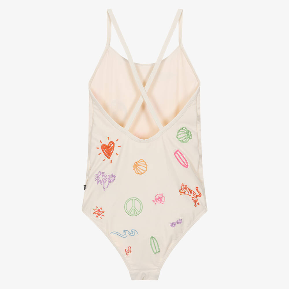 Molo-Girls Ivory Swimsuit with Embroidered Summer Doodles (UPF50+) | Childrensalon