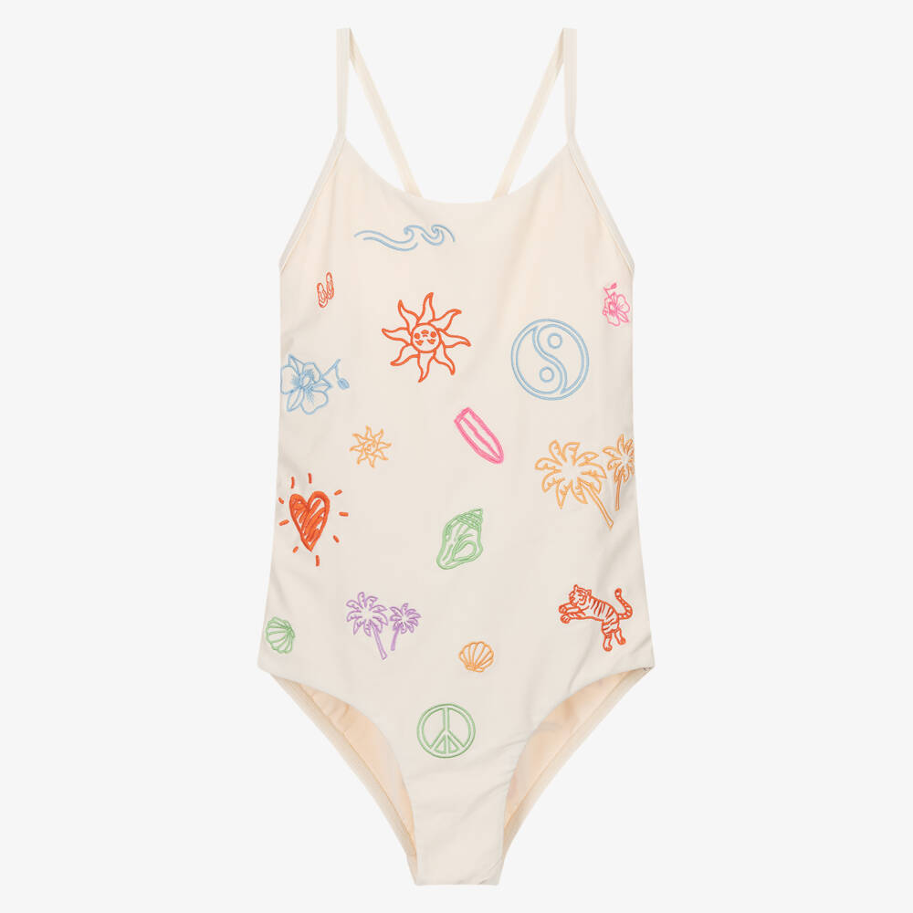 Molo-Girls Ivory Swimsuit with Embroidered Summer Doodles (UPF50+) | Childrensalon