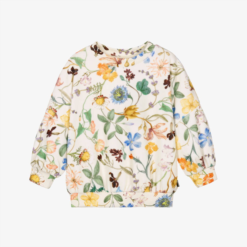 Molo-Girls Ivory Velour Sweatshirt in Floral Print | Childrensalon