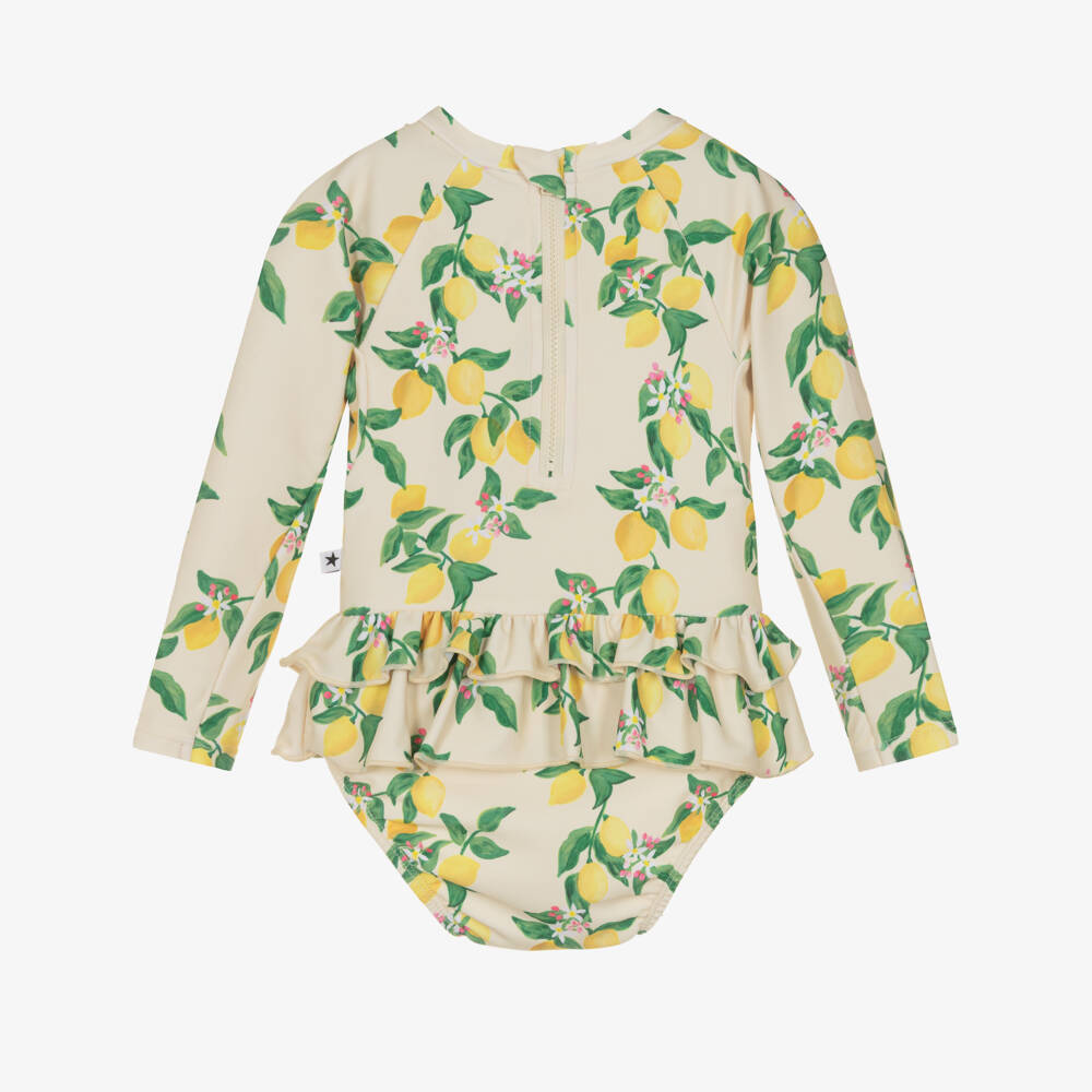 Molo-Girls Ivory & Yellow Lemon Long Sleeve Swimsuit (UPF50+) | Childrensalon
