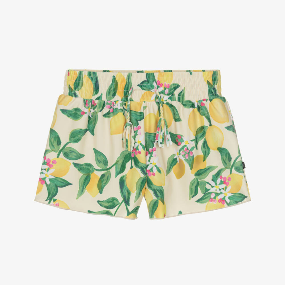 Molo-Girls Ivory & Yellow Lemon Print Swim Shorts (UPF50+) | Childrensalon