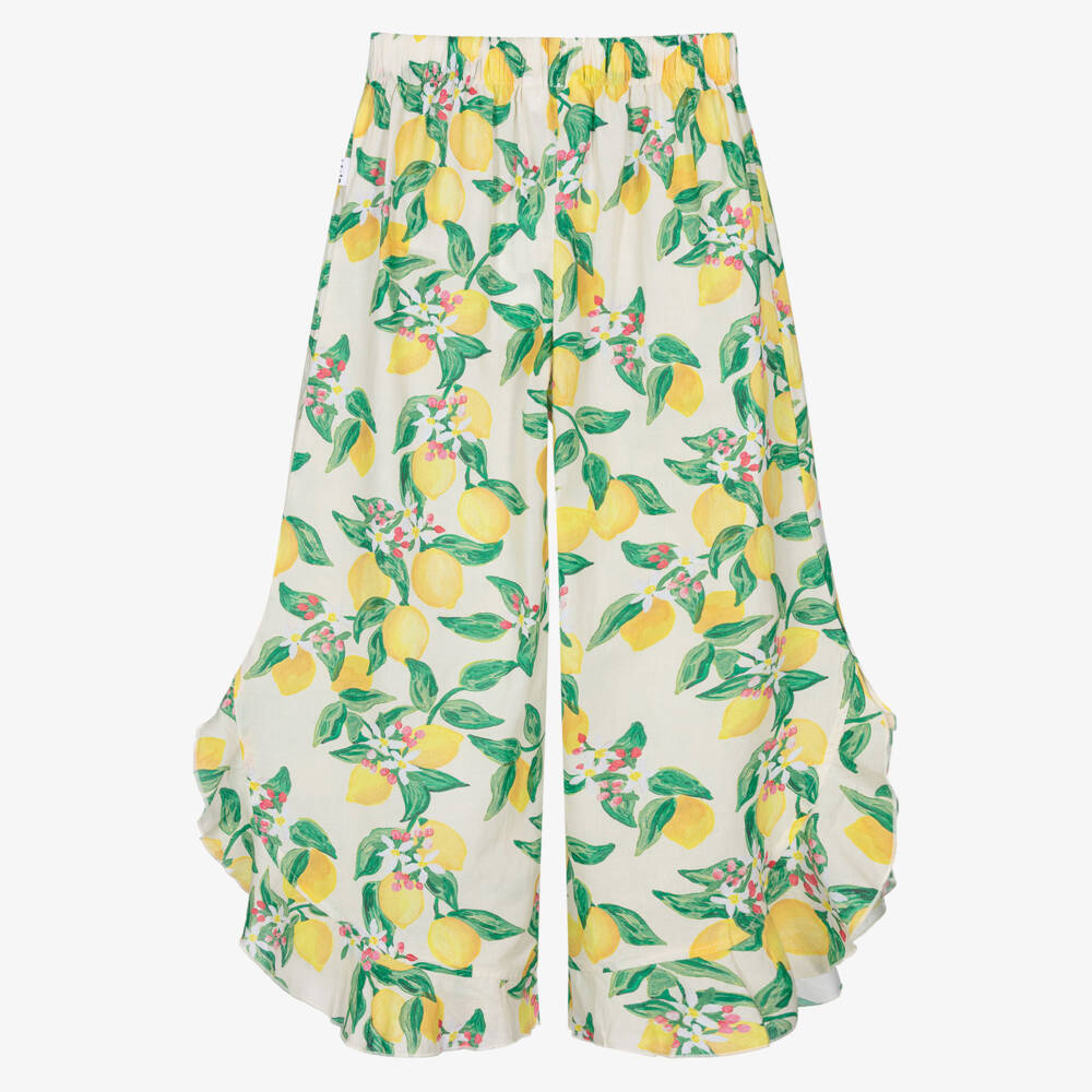 Molo-Girls Ivory & Yellow Lemon Print Wide-Leg Cotton Trousers | Childrensalon