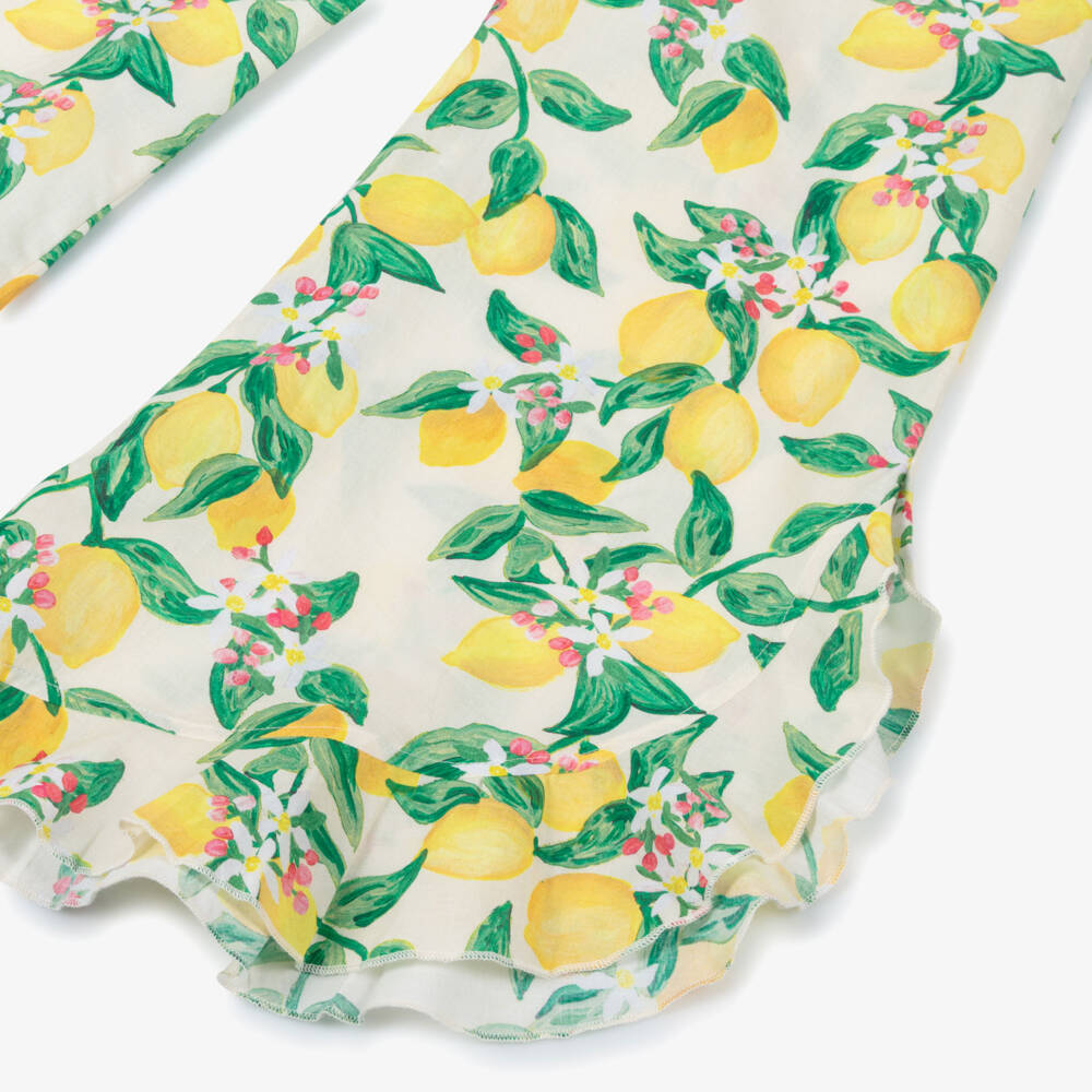 Molo-Girls Ivory & Yellow Lemon Print Wide-Leg Cotton Trousers | Childrensalon