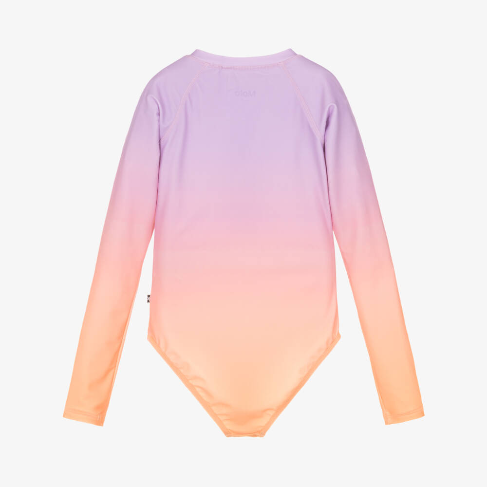 Molo-Girls Lilac & Orange Ombré Zip-Up Swimsuit (UPF50+) | Childrensalon